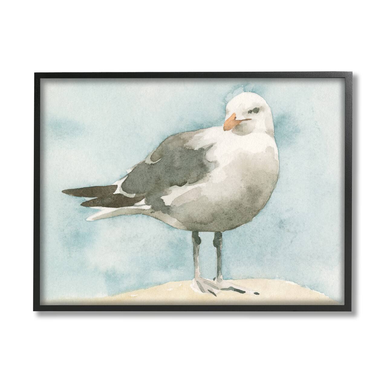 Stupell Industries Soft Focus Seagull On Waterfront Beige Blue in Black Frame Wall Art